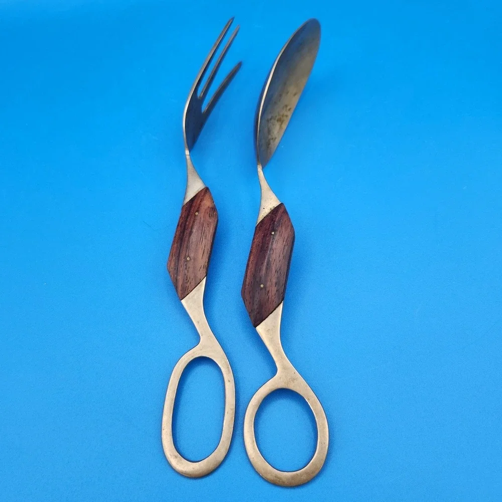 MCM Vintage Scissor Style Brass & Rosewood Salad Tongs Detachable Design